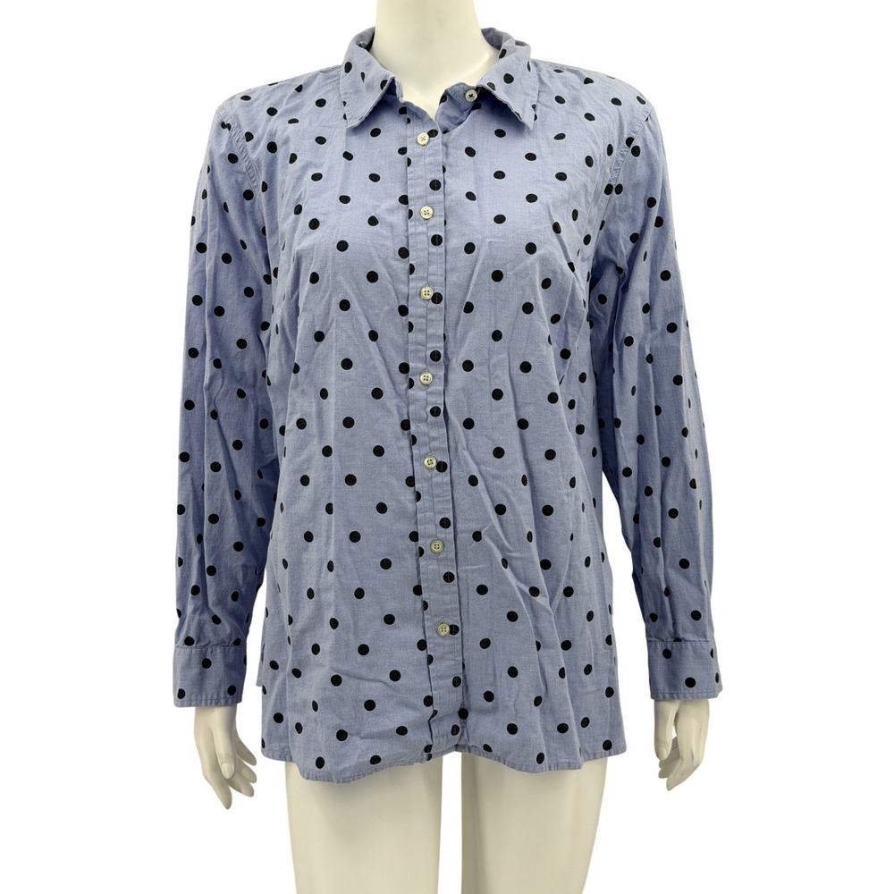 Talbots Top Womens 2X Petite Blue Polka Dot Button Up Preppy Office Work Cotton